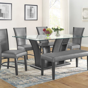1216-6P Camelia glass top dining table set with gray upholstered chairs and bench in modern dining room