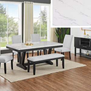 1319-6P Vance faux marble dining table set with black base, upholstered chairs with nailhead trim, and bench seating