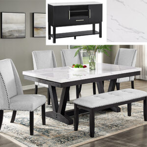 1319-6P-SB Vance faux marble dining table set with black base, upholstered wingback chairs, and bench seating