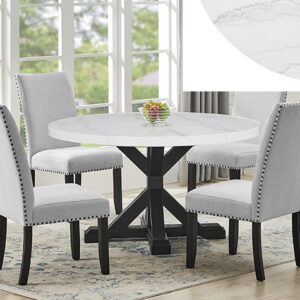 1320RD-5P Varley round marble-look dining table set with black pedestal base and upholstered chairs