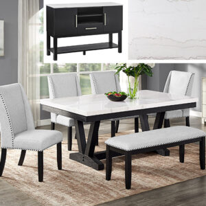 1320-6P-SB Varley marble-look dining table set with black base, upholstered wingback chairs, and bench seating