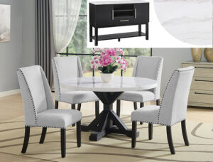 1320RD Varley round marble-look dining table set with black pedestal base and upholstered wingback chairs