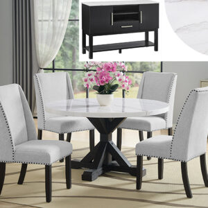 1320RD Varley round marble-look dining table set with black pedestal base and upholstered wingback chairs
