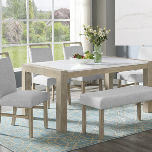 1321-6P Hazel dining table set with light wood frame, marble-look top, upholstered chairs, and bench