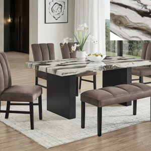1420-6P Vega faux marble dining table set with dark pedestal base, upholstered chairs, and bench seating