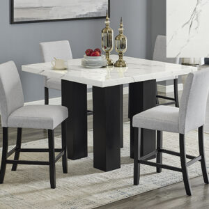 1712-5P Parkside counter height dining set with marble-look top, black base, and upholstered chairs
