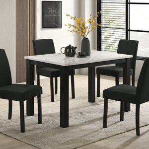 2120-5P Resia modern dining table set with marble-look top and black upholstered chairs