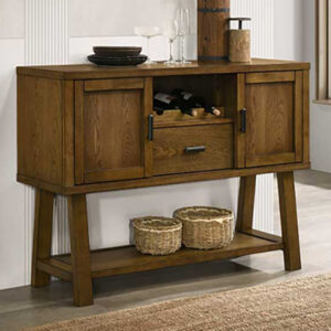 2135-SB Everly wood sideboard cabinet with warm finish, cabinet doors, drawer, and open lower shelf