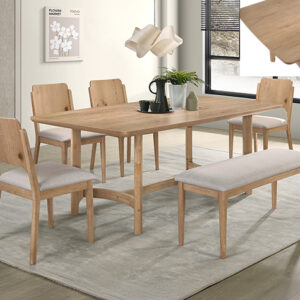 2136-6P Arden light wood dining table set with upholstered chairs and bench in modern Scandinavian dining room