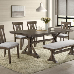 2137-6P Lloyd farmhouse wood dining table set with X-base, upholstered chairs, and bench