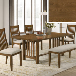 2138-6P Glendale wood dining table set with slat-back chairs and upholstered bench