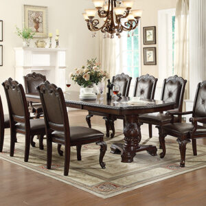 2150-9P Kiera formal dining table set with carved pedestal base and tufted upholstered chairs