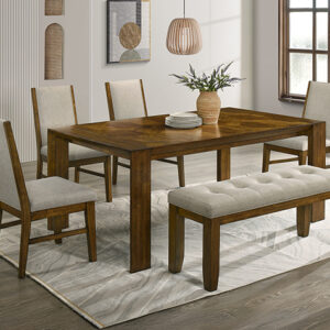 2153-6P Hollister wood dining table set with upholstered chairs and bench in transitional dining room