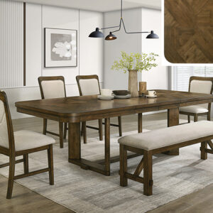 2155-6P Broadmoor wood dining table set with plank top, upholstered chairs, and bench
