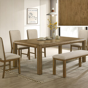 2156-6P Cockrell light wood dining table set with upholstered chairs and bench
