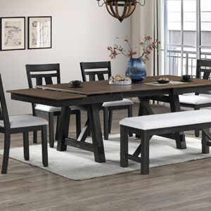 2158WC-6P Maribelle two-tone farmhouse dining table set in wheat and charcoal with bench seating