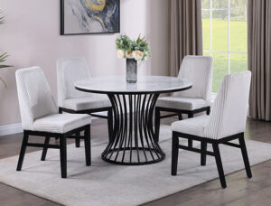 2201-5P Hadley round marble-look dining table set with black sculptural base and upholstered chairs