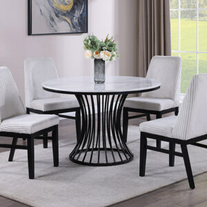 2201-5P Hadley round marble-look dining table set with black sculptural base and upholstered chairs