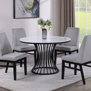 2201LG-5P Hadley round marble-look dining table set with black sculptural base and light grey upholstered chairs