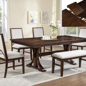 2210-6P Hamil wood dining table set with sculptural base, upholstered chairs, and bench