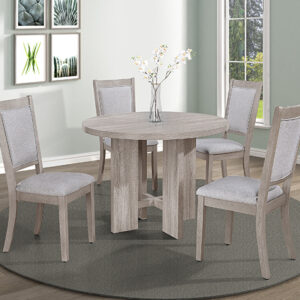 Amara 5-piece round driftwood dining table set with upholstered chairs
