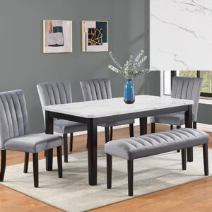White faux marble dining table with grey upholstered chairs and bench – Pascal dining set