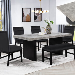 Grey stone-look dining table with black upholstered chairs and bench – Sebastian dining set