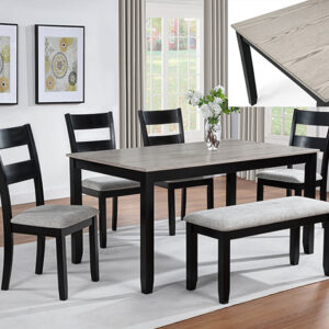 Lester light grey dining table with black frame, grey upholstered chairs, and matching bench