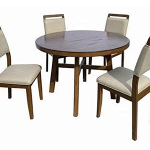 Blanche brown round dining table with wood frame and upholstered dining chairs