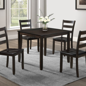 Durham 5 piece dark wood dining table set with square table and four matching chairs in a modern dining room