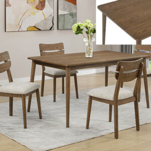 Mills modern wood 5 piece dining table set with rectangular table and four upholstered chairs in a bright contemporary dining room