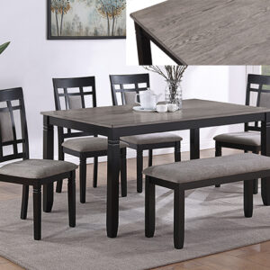 PAIGE light grey 6 piece dining table set with black base, upholstered chairs and bench