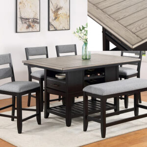 FREY counter height dining set with storage base, chairs, and bench