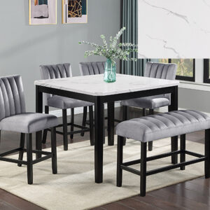 PASCAL counter height dining set with marble look top, upholstered chairs and bench