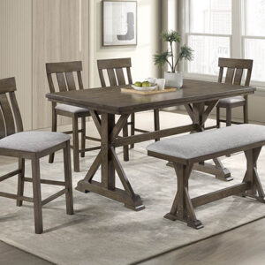 LLOYD counter height dining set with X-base table, upholstered chairs and bench