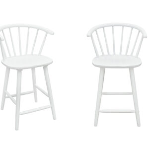 White counter height stool with curved spindle back and solid wood legs