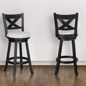 Dove upholstered swivel bar stool with X-back and black wood frame
