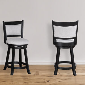 Dove upholstered swivel bar stool with black wood frame and padded back