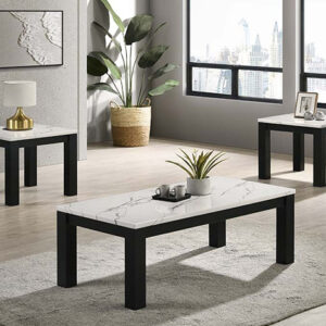 Ivy 3 piece cocktail table set with white faux marble top and black legs