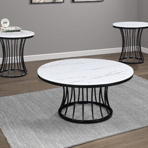 Hadley 3 piece cocktail table set with round white marble look tops and black metal base