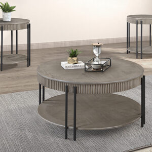 Providence cocktail table set with round wood top and black metal legs