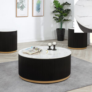 Kara cocktail table set with marble look top and black fluted base with gold accent