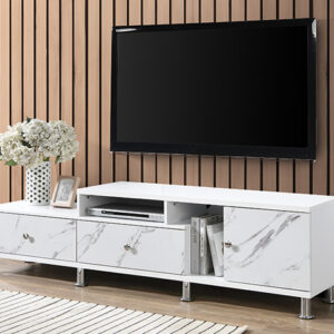 White modern TV stand with faux marble drawers and open media shelving