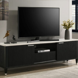 Black TV stand with textured doors and center open shelf