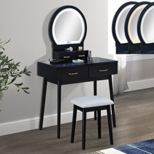 Cecilia black vanity table and stool set with LED lighted mirror and drawers