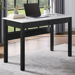 Black writing desk with faux marble top and drawer