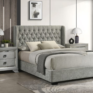 DAPHNE light grey tufted upholstered bed with tall headboard
