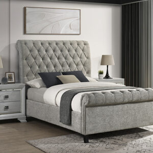 KATE light grey tweed tufted platform bed with rolled footboard