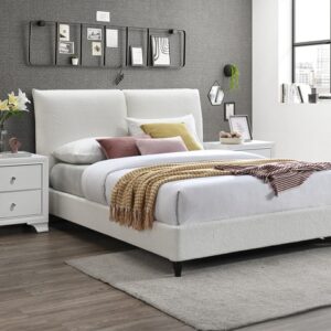 Modern cream upholstered platform bed frame with padded headboard and low-profile design in contemporary bedroom setting