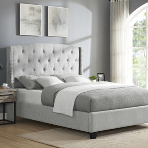 Dove gray tufted upholstered bed frame with tall button-tufted headboard in modern neutral bedroom